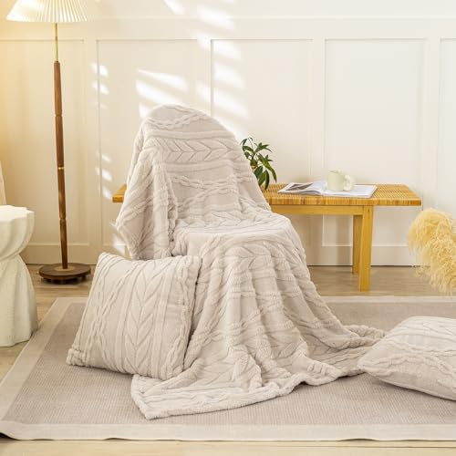 YUSOKI Sherpa Fleece Large Throw Blanket, Linen, 50"x65" | 3D Stylish Design,320GSM, Non-Shedding, Lightweight for All Season Use, stays fluffy after repeated washes, Perfect Gifts - color: Linen-(without Pillows), size: Throw (50" x 65")