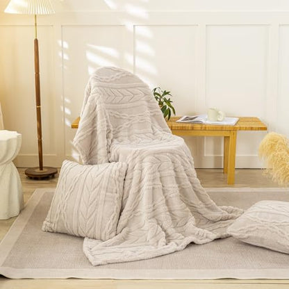 YUSOKI Sherpa Fleece Large Throw Blanket, Linen, 50"x65" | 3D Stylish Design,320GSM, Non-Shedding, Lightweight for All Season Use, stays fluffy after repeated washes, Perfect Gifts - color: Linen-(without Pillows), size: Throw (50" x 65")