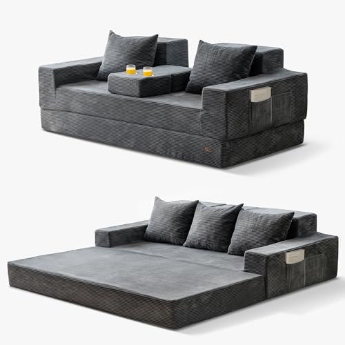 MAXYOYO Sofa Bed, 80-Inch Oversized Boneless Loveseat, 2 Cup Holders | Corded Grey 4-in-1 Boneless Couch Converts Into a Floor Sofa or Chair; Sofa-in-a-Box Design Requires No Assembly. - color: Corded Grey, size: Oversized(80" Length)