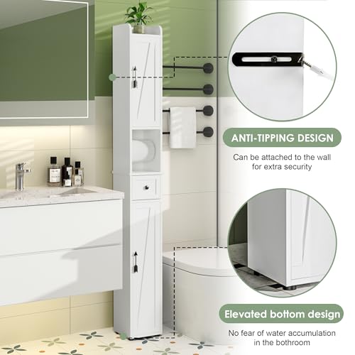 VECELO Tall Narrow Storage Cabinet with Adjustable Shelves, Slim Freestanding Bathroom Cabinet with Toilet Paper Holder, 2 Magnetic Doors & Drawer, for Small Spaces, 7.9" D x 7.9" W x 67" H, White - color: Cabin Top