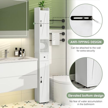 VECELO Tall Narrow Storage Cabinet with Adjustable Shelves, Slim Freestanding Bathroom Cabinet with Toilet Paper Holder, 2 Magnetic Doors & Drawer, for Small Spaces, 7.9" D x 7.9" W x 67" H, White - color: Cabin Top