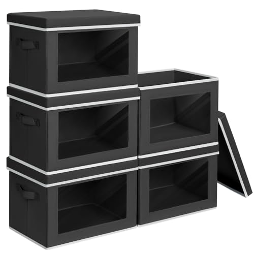Storage Boxes with Lids - 5 Pack Foldable Clear Window Storage Bins, Large Decorative Storage Bins with Handles, Storage Containers for Clothes, Towel, Blanket, Sheet, Black - color: Black, size: L(5-Pack)