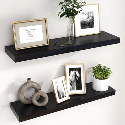 fuqing 30 Inch Floating Shelves, 6.7 Inch Deep Black Wall Shelves Set of 2 | 30'' x 6.7'' x 1.4'' Black Wood Shelves for Bathroom, Living Room, 40LBS, Lightweight, Hardware Included, Waterproof Finish - color: Black, size: 30 Inch