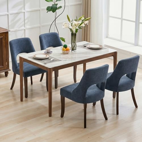 UVV Wooden Dining Chairs Set of 4, Mid Century Upholstered Dining Room Chair Kitchen Chairs, Chenille Dinner Chair with Solid Wood Legs for Kitchen Dining Room, Navy Blue - color: Navy Blue, size: Set of 4