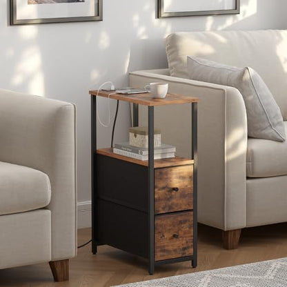 TUTOTAK Narrow End Table with Charging Station, Skinny Side Table | Bedside Table with Outlets, Nightstand with 2 Cloth Drawers, Couch Table for Living Room, Bedroom, Brown TB01BB055 - color: Brown, style: 2 Drawers & Plug