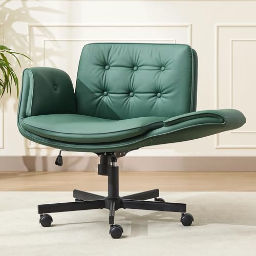 amseatec Criss Cross Office Chair, Swivel Makeup Vanity Chair with Wheels | Wide PU seat supports cross-legged, fidget-friendly sitting; 5-level armrests create pet space; wipe-clean finish eases care - color: Green
