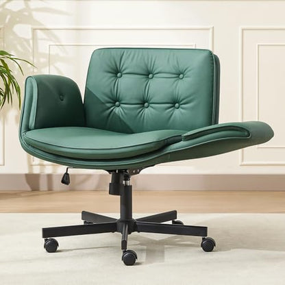 amseatec Criss Cross Office Chair, Swivel Makeup Vanity Chair with Wheels | Wide PU seat supports cross-legged, fidget-friendly sitting; 5-level armrests create pet space; wipe-clean finish eases care - color: Green