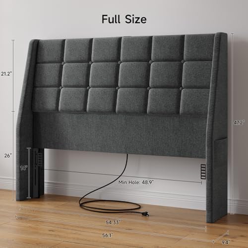 Ergonomic Upholstered Headboard Full Size w/Charging Station, Linen Wingback Headboards w/Storage Pocket, Full Headboard Only, Bed Frame Adapters, Sturdy Stable Solid Wood Bed Head Board, Dark Grey - color: Dark Grey, size: Full