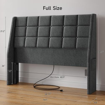 Ergonomic Upholstered Headboard Full Size w/Charging Station, Linen Wingback Headboards w/Storage Pocket, Full Headboard Only, Bed Frame Adapters, Sturdy Stable Solid Wood Bed Head Board, Dark Grey - color: Dark Grey, size: Full