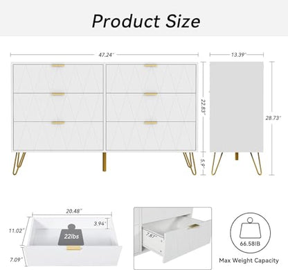 Anbuy White 6 Drawer Dresser for Bedroom Large, Double Dresser with Wide Drawers and Gold Handles, Chest of Drawers - color: White, size: 13.4"D x 47.54"W x 28.73"H(6 Drawers)