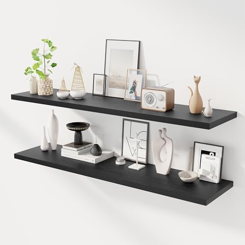 Dreamland 55" Floating Shelves for Wall, 12" Deep Slim Black Floating Shelves, Wall-Mounted Shelves for Bedroom, Living Room, Kitchen, Bathroom - Set of 2 - color: Black, size: 55"W x 12"D x 1.3"H, Set of 2