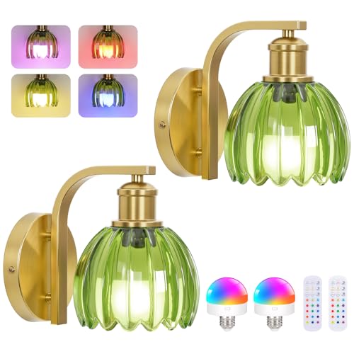 Vintage Battery Operated Wall Sconce, Wireless Wall Lights with Bulbs | 15 Colors Rechargeable Gold Wall Lamp Set of 2 with Green Tulip Glass Lampshade and Remote for Bedroom Living Room Decor - color: Green & Gold, size: 2-Pack