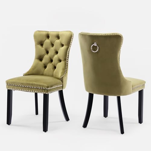 Velvet Upholstered Dining Chairs Set of 2, Modern Style Kitchen Side Chairs with Nailhead Trim and Wood Legs,Metal Pulling Ring for Dining Room Living Room(Olive Green,Set of 2) - color: Olive Green, size: Set of 2