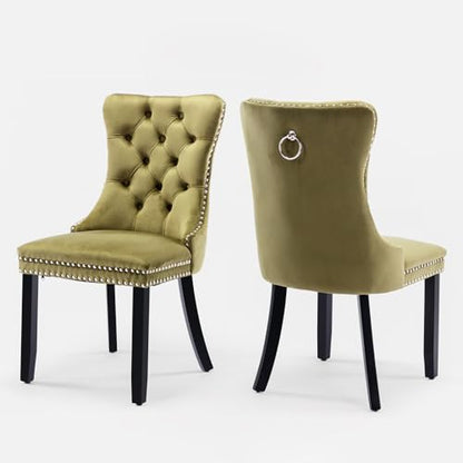 Velvet Upholstered Dining Chairs Set of 2, Modern Style Kitchen Side Chairs with Nailhead Trim and Wood Legs,Metal Pulling Ring for Dining Room Living Room(Olive Green,Set of 2) - color: Olive Green, size: Set of 2