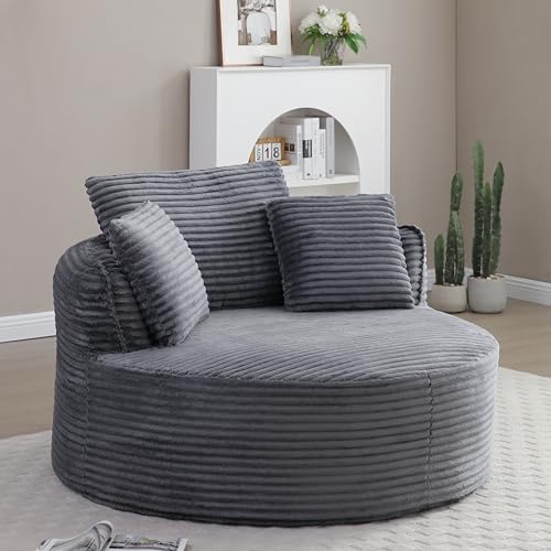 KEIKI 53.5" Oversized Round Chair, Large Barrel Chairs, Upholstered Accent Corduroy Single Sofa Armchair for Living Room, Lounge, Gray - color: Grey
