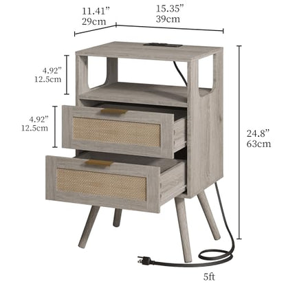Rattan Nightstand with Charging Station,Farmhouse Bedside Table with 2 Storage Drawer and Open Wood Shelf, for Bedroom and Small Spaces,Night Stand with Solid Wood Legs (Grey Oak-Outlet) - color: Grey Oak-outlet