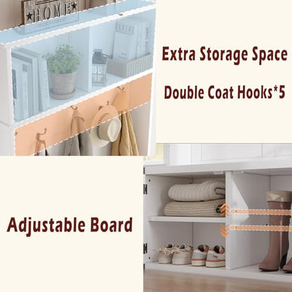 IDEALHOUSE 76" Hall Tree with Bench and Shoe Storage, Farmhouse 4-in-1 Entryway with Coat Rack & 5 Tri-Hooks, Adjustable Shelf, White Mudroom Bench with Storage Seating, Space Saving, White - size: 39"W