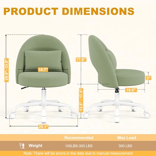 Misolant Vanity Chair with Back, Armless Cute Office Chair with Wheels for Girls, Teddy Fleece Fabric Small Desk Chairs with Adjustable Height, Lumbar Support Pillow, 360°Swivel for Makeup Room, Green - color: Green