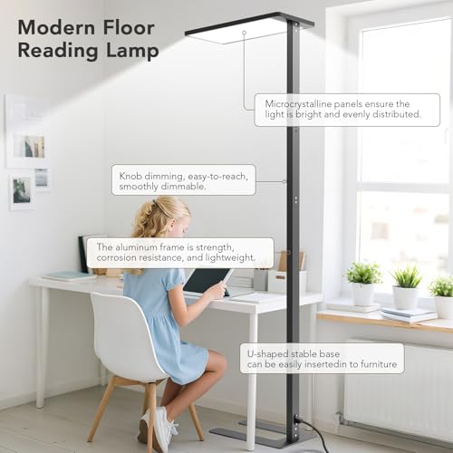 100W LED Floor Lamp, 76.8" Tall Reading Light, 9000LM Knob Dimming Standing Lamp, Full Spectrum Eye Care Reading Lamp, 4000K Natural Daylight for Study Room, Office, Living Room, Bedroom (Black) - color: Black