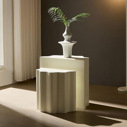 Nesting Coffee Table Set of 2 for Living Room, Modern Circle Center Table with Wavy Edges Design, Accent End Side Table for Small Space, No Need Assembly (Fiberglass, 22.05"+16.93") - color: 22.05"+16.93" Fiberglass, Beige