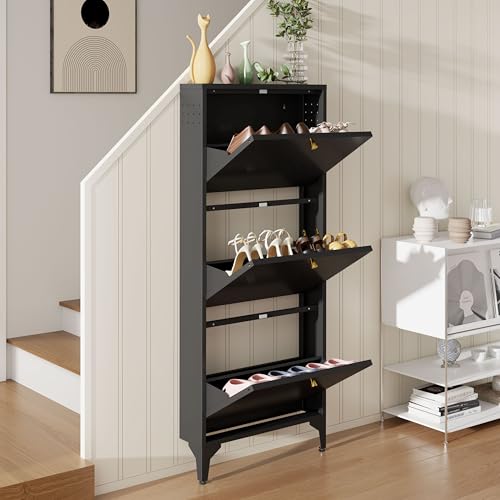 Slim Shoe Cabinet with 3 Flip Drawers,Narrow Shoe Cabinet,Freestanding Organizer,Metal Hidden Shoe Storage for Entryway,Hallway,Living Room(Width 19.69, Black) - color: Black, style: 3 door width 500