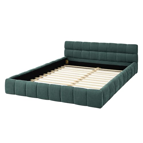 Chenille Fabric Upholstered Platform Bed Frame with Soft Headboard, Modern Low Profile Grounded Design, No Box Spring Needed, Sturdy MDF & Wood Frame, Neutral Style (Blue green, Queen (U.S. Standard)) - color: Blue Green, size: Queen (U.S. Standard)
