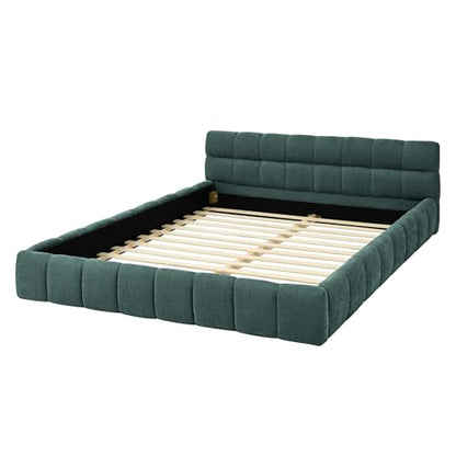 Chenille Fabric Upholstered Platform Bed Frame with Soft Headboard, Modern Low Profile Grounded Design, No Box Spring Needed, Sturdy MDF & Wood Frame, Neutral Style (Blue green, Queen (U.S. Standard)) - color: Blue Green, size: Queen (U.S. Standard)