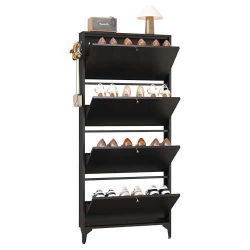 Slim Shoe Cabinet with 4 Flip Drawers,Narrow Shoe Storage Cabinet,Freestanding Organizer,Metal Hidden Shoe Storage for Entryway,Hallway,Living Room (4 Door Width 700, Black) - color: Black, style: 4 door width 700