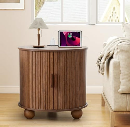 24" Round End Table with Charging Station, Fluted Side Table, Walnut | Farmhouse Sofa Side Tables Living Room, Mid-Century Wood Nightstand with Sliding Tambour Door & Storage, Round End Table - color: Walnut