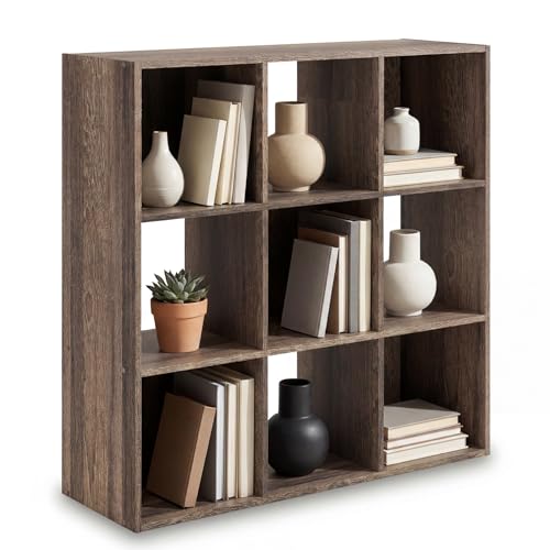 Signature Design by Ashley 9 Cube Organizer Bookshelf, Weathered Brown | Weathered brown engineered wood, Space-saving 9-cubby display shelf for living rooms and bedrooms, Shallifer Series - color: Brown, size: Nine Cube