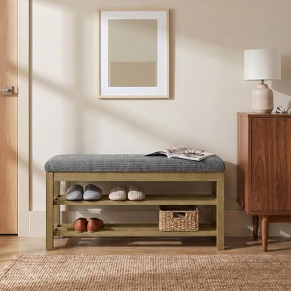 VKNOW 44.3” Entryway Bench, 2-Tier Upholstered Shoe Storage Bench, Black | Shoe Bench with Rubberwood Legs, Shoe Rack for Entryway, Hallway, End of Bed, Living Room - color: Black1