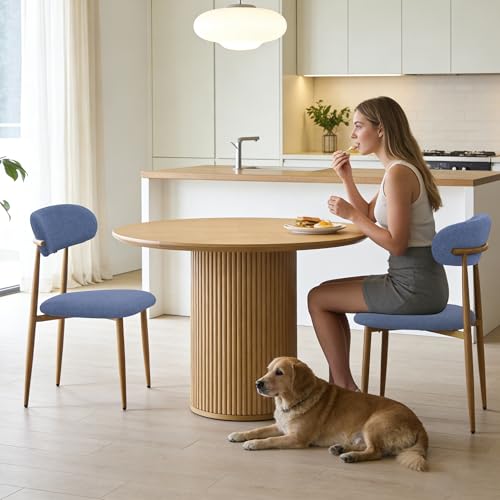 FREKEN Modern Upholstered Dining Chairs Set of 2, Mid-Century Metal Frame with Wood Grain, Linen Fabric Side Chair for Kitchen Dining Room, 350lbs Capacity, Blue - color: Blue - Wood Grain Legs, size: Set of 2