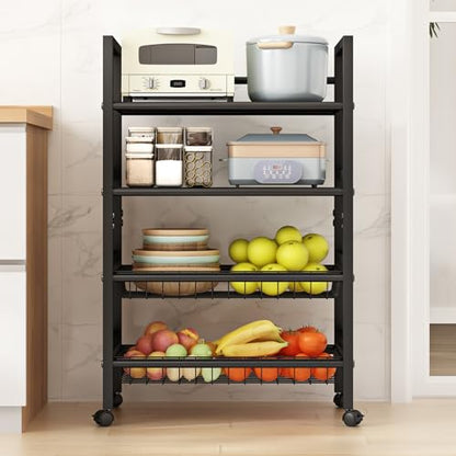 4-Tier Rolling Metal Storage Cart Mobile Organizer with Removable Grid Basket and Locking Wheels, Suitable for Multiple Uses, Black (Large) - size: 23.6 in