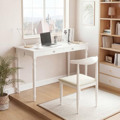 100% White Solid Wood Desk 47" Wooden Desk with 2 Drawers | Mid Century Modern Desk, Writing Desk Computer Table for Home, Office, Bedroom, Living Room - color: White, size: 47.2" x 21.7"