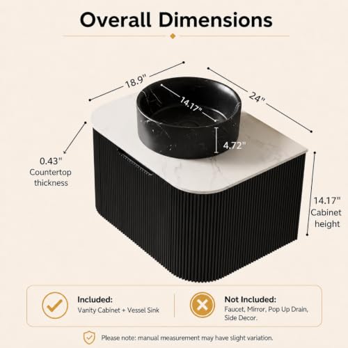 24" Floating Bathroom Vanity with Sink, Wall Mounted Plywood Cabinet, Black Fluted Front, Sintered Stone Countertop, Black Marble-Look Round Ceramic Vessel Sink, Soft-Close Drawer, Pre-Assembled - color: Black Cabinet / Black Marble Sink, size: 24 Inch