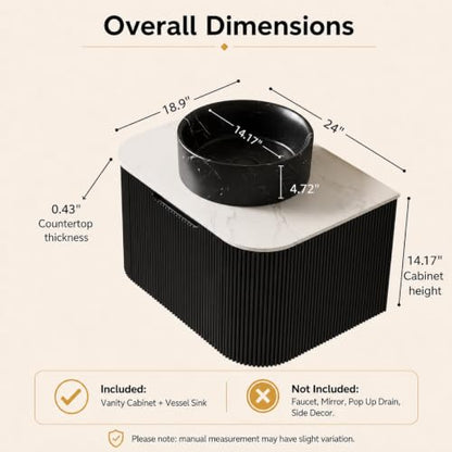 24" Floating Bathroom Vanity with Sink, Wall Mounted Plywood Cabinet, Black Fluted Front, Sintered Stone Countertop, Black Marble-Look Round Ceramic Vessel Sink, Soft-Close Drawer, Pre-Assembled - color: Black Cabinet / Black Marble Sink, size: 24 Inch