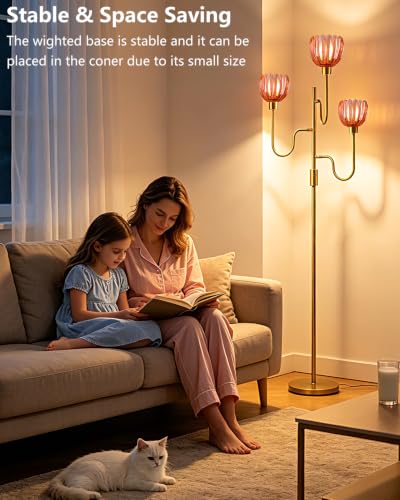 Lightdot Dimmable Red Glass Floor Lamp Mid Century Modern Gold Floor Lamps with Warm White Bulbs Included 3-Arm Standing Tall Lamp with 5Lbs Heavy Base for Living Room/Bedroom/Home Office - color: 3 Red Tulip-Gold