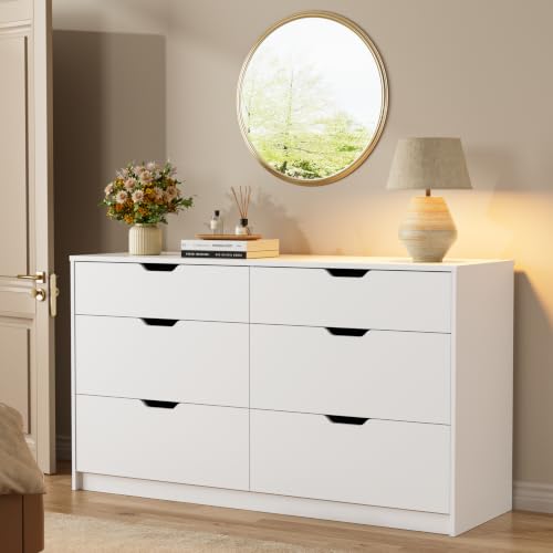 YESHOMY Dresser for Bedroom, 47.2" Modern Wood Chest with 6 Drawers | Two Drawer Sizes, Anti-Tip, Storage Cabinet & TV Stand for Living Room, Closet, Entryway, Light White - color: Light White