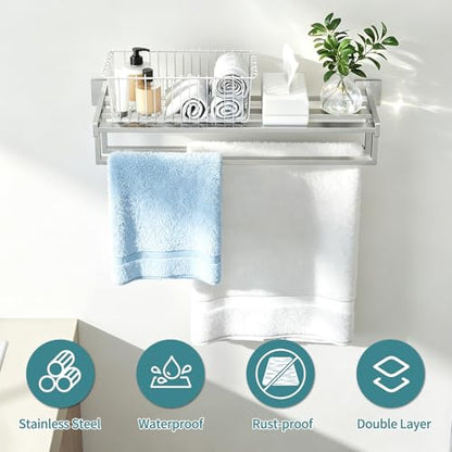 STWWO Double Towel Racks for Bathroom Wall Mounted, 24 Inch, Brushed Nickel | Double Towel Bar with Shelf, Dual Towel Rack with Shelf, Stainless Steel Hand Towel Hanger, Bath Towel Holder for Wall - color: Brushed Nickel