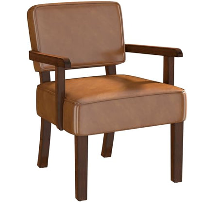 Faux Leather Accent Chair, Mid-Century Armchair with Wood Frame | Upholstered Living Room Chair, Comfy Reading Chair for Bedroom, Waiting Room, Home Office, Easy Assembly, Brown - color: Faux Leather Brown, size: One Chair