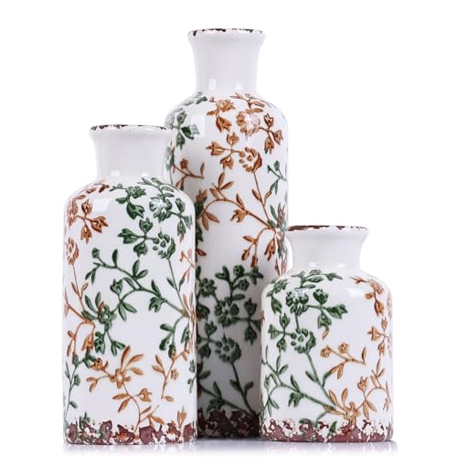 Green Ceramic Vase Set of 3 - Modern Rustic Farmhouse Decorative Vases for Dining Table, Shelf, Bedroom, Living Room, Kitchen, Office, Bathroom, Mantle, Centerpiece Décor - color: Green Floral