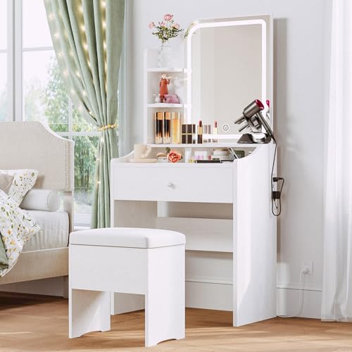 LIKIMIO Small Vanity Desk with Mirror Lights and Storage Stool | White compact vanity with 3 light modes, charging station, storage drawer, 3 shelves and upholstered stool - color: White