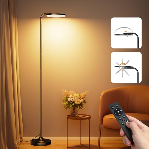 36W LED Floor Lamp, Super Bright Standing Lamp, Modern Stepless Dimmable Torchiere Tall Lamp with Remote Control, 350°Rotating Head Reading Floor Lamp for Living Room, Bedroom, Office - color: Black
