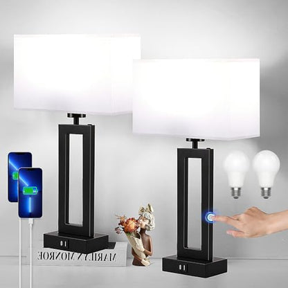Lamps for Bedrooms - Set of 2 Modern Table Lamps with Touch Control, 3 Way Dimmable, USB C&A Charging, White&Black - color: White-Daylight, size: 20IN