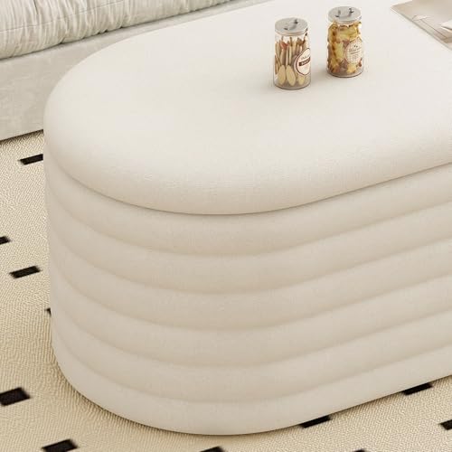 Storage Ottoman Bench 40 inch Upholstered Chenille Fabric Storage Bench for Bedroom End of Bed Stool Aesthetic Large Storag Ottoman for Living Room Entryway,Beige White | Chenille Fabric Storage Ottoman, End of Bed Stool,Large Bench Hidden Storage,No Asse