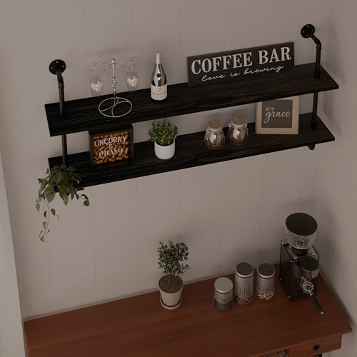 HDDFER Floating Bookshelf Shelves Industrial Pipe Shelving Pipe Shelves Rustic Wall Shelf 48 Inch Farmhouse Book Shelves for Wall Mounted - color: Black, size: 2Tier48in
