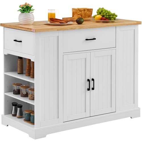 VEVOR 46" Wood Top Breakfast Bar with Storage Cabinet, Farmhouse Kitchen Table with Adjustable Shelf, Drawer, for Dining Kitchen Living Room, White - color: White