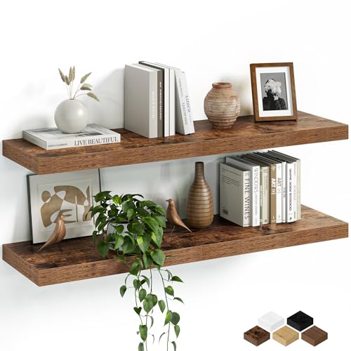 Fun Memories Floating Shelves for Wall, 32 Inch Set of 2 Rustic Wood Wall Shelves with Invisible Brackets, Heavy Duty Storage Display for Living Room Bedroom Kitchen, Brown - color: Rustic Brown, size: 6.5"D x 32"L - 2Pack
