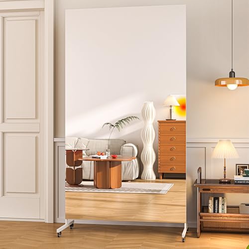 Hasipu 79" x 40" Full Length Floor Mirror on Wheels, White | Tempered glass, sturdy metal frame, smooth rolling casters, removable stand, ideal for gym, bedroom, dance studio & yoga. - size: 79"L x 40"W