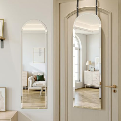 Over the Door Mirror Full Length, 48x14 Inch Frameless Door Mirror | 2 Hooks, frameless, full length, 20mm beveled edge, 5mm HD glass, rectangle, anti-rust, for bedroom/entryway/cloakroom - size: 48"L x 14"W